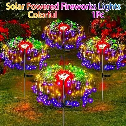 太阳能烟花灯，8种彩色灯光模式切换，IP65防水太阳能艺术插地闪光灯，户外太阳能智能灯，适用于庭院派对装饰，升级版带智能光传感器烟花灯