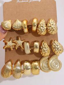 6对/12件装时尚金色海星、贝壳、光滑水滴、纹理C形耳环套装，适合夏季旅行和度假佩戴 - 金色 - 查看 10