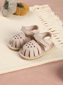 1双婴儿花朵PU蕾丝平底凉鞋，简约百搭夏季鞋 - 杏色 - 查看 2
