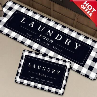 Thảm phòng tắm/bếp bằng nhung pha lê kẻ caro họa tiết giặt ủi - Bề mặt mềm mại và thoải mái, với họa tiết kẻ caro màu xanh hải quân và trắng cùng chữ in "Laundry", mặt sau chống trượt, trang trí thảm phòng tắm/bếp, trang trí nhà cửa trang nhã theo phong cách nông thôn, Alfombas Paraba, phụ kiện phòng tắm, thảm phòng khách, thảm trải sàn mềm mại, thảm chống trượt, thảm cửa bếp, thảm hành lang, thảm phòng khách thoải mái, thảm phòng ngủ ấm áp và trang trí nhà cửa thời trang.