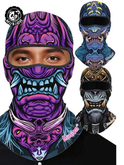 Musion 1-3个装防护拉法帽，适用于骑行、滑雪和户外运动，酷炫怪兽印花，防风透气，全覆盖式头套，透气防晒，遮光效果好，恶魔夜叉图案，适合户外活动、骑行、徒步、钓鱼等佩戴。