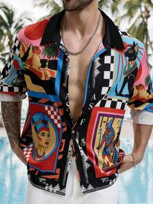 男士衬衫一件，黑红花卉印花，翻领，长袖，单排扣，休闲大码衬衫，优雅成功的男士外套 - 透气舒适，适合海滩、度假、工作、日常穿着、派对、宴会、婚礼等各种场合，是送给男友、丈夫、父亲、父亲节及其他节日的理想礼物。 - 紅色 - 查看 6