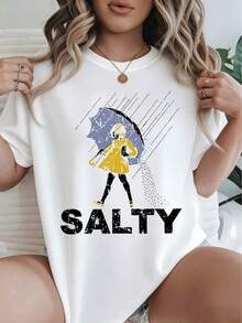 Salty Girl Umbrella Print Round Neck Short Sleeve Tee, 100% Cotton Plus SizeWomenCasual Top, Summer Daily OutdoorStreetwear Graphi Ccute Tees T-Shirt - 白色 - 查看 7