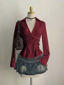 Sexy Collared Side Lace-Up Waist Slim Fit Long Sleeve Blouse For Women - Burgundy - View 2