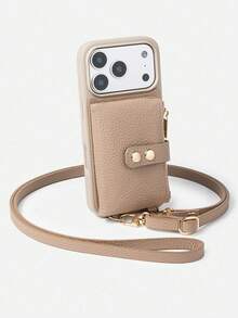 1pc Litchi Grain Dual-Buckle Faux Leather Zipper Wallet Phone Case, Large Capacity Women's Anti-Fall Anti-Shock Design Compatible With IPhone 16 Pro Max/15/14 Pro/13/12/11, Shoulder Strap Crossbody Phone Bag With Leather Lanyard, Coin/Card Slots, Vacation Portable Protective Cover - Color - View 1