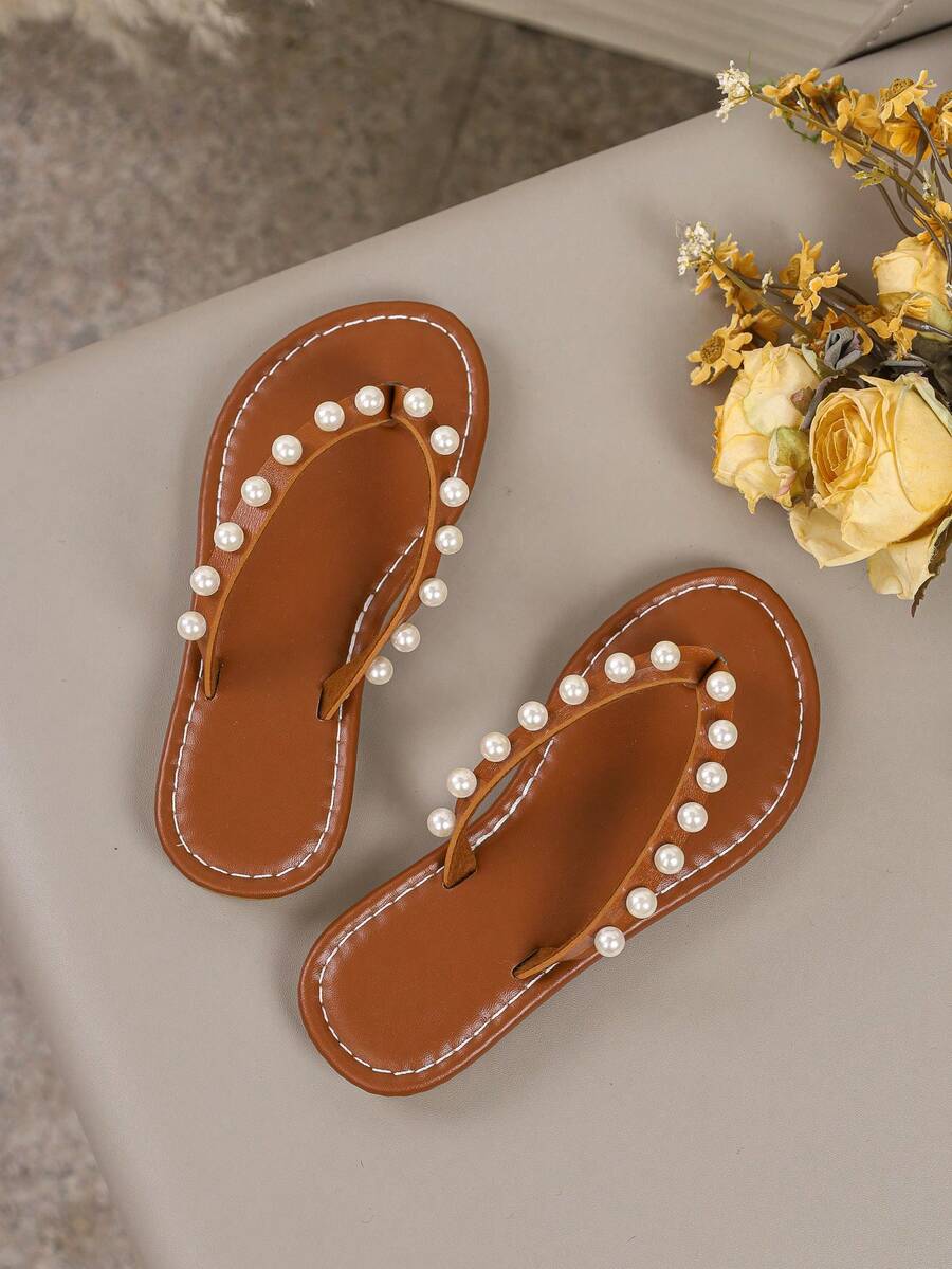 Beach Thong Slide Sandals Pearl Decor Strap Slip Ons Flat Summer Flip Flops Seaside Beach Footwear Pool Picnic Outing Shoes For Daily