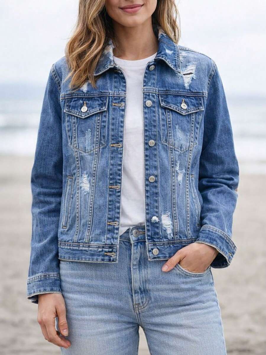 Blue Distressed Denim Jacket, Loose Fit Denim Jacket, Collared, Button Closure, 4 Pockets, Buttoned Cuffs, Straight Cut, Hip Length, Casual, Spring/Summer - NO - View 1