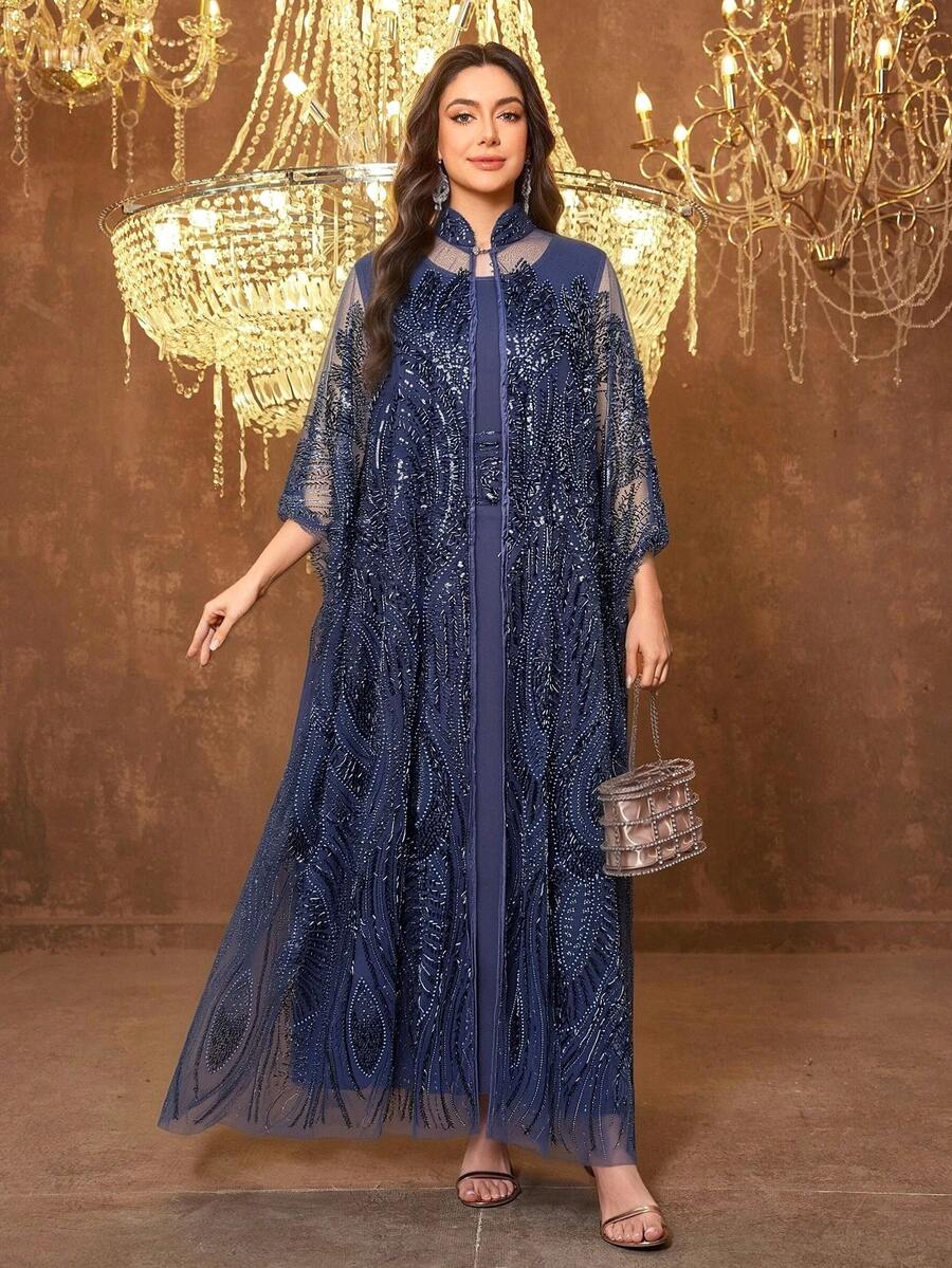 SUPGIR [Random Print] Women's Long Sleeve Sequin Patchwork Waist Tie Evening Dress - Navy Blue - View 1