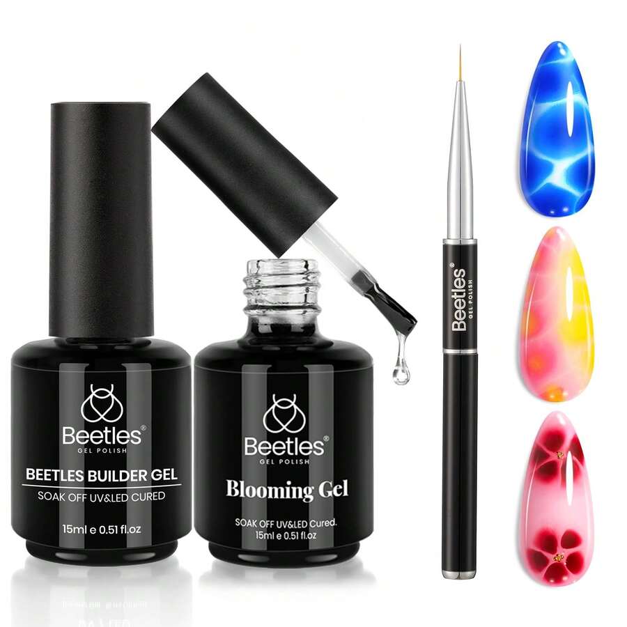 Beetles Top Coat Base Gel & Nail Glue Set-3Pcs No Wipe Top Coat Gel Nail Polish & Base Coat With 9 In 1 Nail Glue Shine Effect Long Lasting Soak Off Uv Light Lamp Diy Nail Gifts For Women & Girls - 2PCS 15ML Blooming Gel and Builder Nail Gel - 查看 1