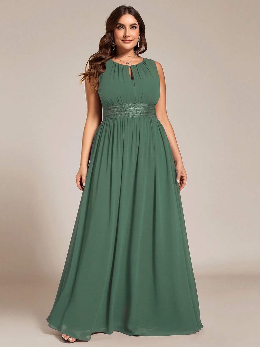 EVERPRETTY Đầm phù dâu, đầm dự tiệc, đầm dạ hội màu xanh lá cây thanh lịch, không tay, cổ tròn, đính sequin, eo cao, cỡ lớn, thích hợp cho khách dự đám cưới mùa xuân/hè. - màu xanh lá - Xem 1