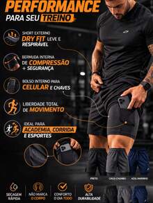 Shorts 2 em 1 RUN Masculinos Esportivos com Bolso Porta-Celular - Azul - Visão 7