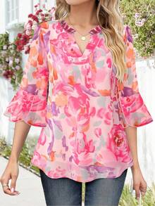 CheersLife 女士时尚双层网纱衬衫，七分荷叶边喇叭袖衬衫，度假春季款 - 西瓜粉 - 查看 2