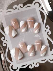 10pcs Press On Nails White Thread Golden Thread Press On Nail Supplies Fake Nails Short Office DailyWear False Nails Artificial Nails Kit Includes 1sheet Adhesive Tabs &1 Pc Mini File - Multicolor - View 3