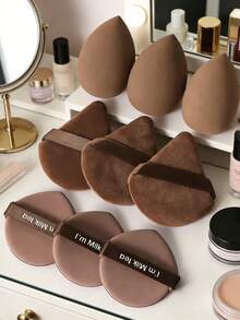 9pcs Makeup Sponge & Puff Set, Includes: 3 Makeup Sponges + 3 Triangle Powder Puffs + 3 Round Powder Puffs, All-In-One, Beginner-Friendly | Convenient To Carry, Great Gift | Perfect For Beginners/Women - Khaki - View 11