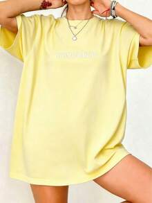 Oversized Women's Overstimulated Graphic Tee, Unisex Vintage Heavyweight Loose Washed Summer T-Shirt For Casual Street Wear - 黃色 - 查看 10