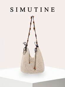 SIMUTINE New Spring/Summer Casual Woven Shoulder Bag, Handmade Vacation Tote, Large Capacity Crossbody Bucket Bag, Fabric, Suitable For Daily Use, Shopping, Travel, Work, College - Apricot - View 2