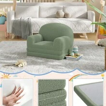 Sofá infantil 2 en 1 convertible - Sillón y cama plegable de espuma - Tela suave sherpa - Ideal para sala de juegos, guardería y regalo - Diseño media luz - Verde - Ver 5