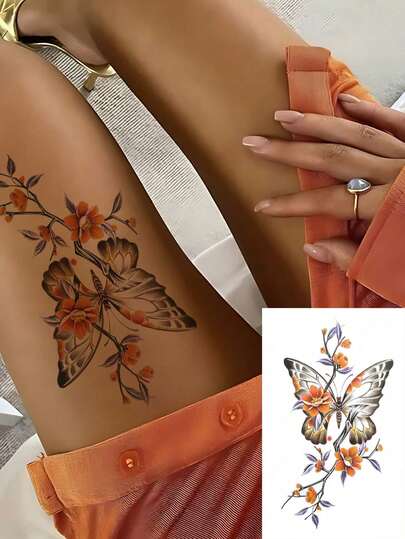 1 Sheet Large Men's Body Art Temporary Tattoo Sticker, Colorful Butterfly Flower Pattern, Waterproof Fake Tattoo, Lasting 2-5 Days, Can Cover Scars, Can Be Used On Arms, Wrists, Shoulders, Legs, Waist, Neck, Hands, Chest, Thighs, Fingers And Other Parts, Suitable For Body Decoration, Holidays, Gifts, Parties, Music Festivals And Other Occasions.