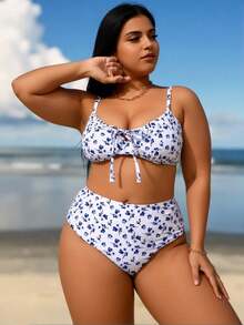 2026 New Plus Size Blue White Floral Bikini, High Waist Tummy Control Two Piece Swimsuit - Nhiều màu - Xem 9