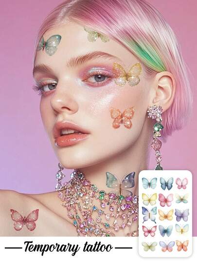 1 pieza de tatuaje temporal con brillo, pegatina de tatuaje de mariposa voladora con brillo colorido, resistente al agua y al sudor, adecuado para festivales, carnavales, fiestas, actuaciones de baile, decoraciones de maquillaje, con una duración de 3 a 5 días