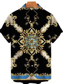 Golden Floral Compass Pattern Radiates Symmetry Symbolizing Direction Wisdom And Elegance For Confident Style 3D Printed Mens Short Sleeve Button Down Shirt - A508D-aT22875 - View 1
