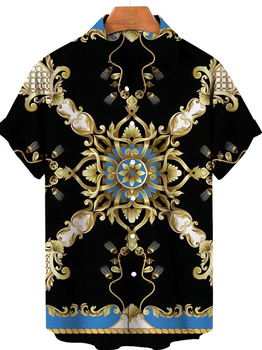 Golden Floral Compass Pattern Radiates Symmetry Symbolizing Direction Wisdom And Elegance For Confident Style 3D Printed Mens Short Sleeve Button Down Shirt - A508D-aT22875 - View 1