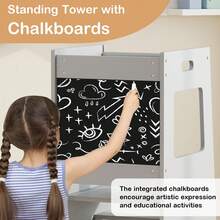 COSTWAY Toddler Kitchen Step Stool, Children Standing Tower With Activity Chalkboard, Adjustable Height And Safety Rail, Wooden Kitchen Stool Helper For Kids 3+, Grey - Grey - View 8