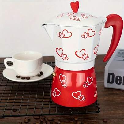 1 Pc Heart Pattern Moka Pot, Aluminum Alloy, Red & White, Italian Style, For Rich Espresso, Ideal For Home & Valentine's Day Gifts