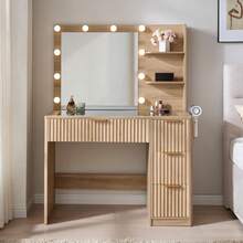 36.2 Inch Fluted Vanity Desk With Mirror And Adjustable LED Lights, Elegant Makeup Vanity With Glass Top, 4 Drawers, And Built-In Charging Station For Bedroom Or Dorm, Ideal For Women And Girls - 查看 2