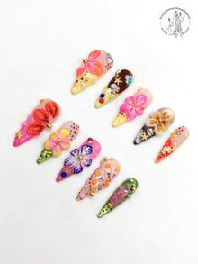 10 Pieces Of Pure Hand-Pressed Wearable Nail, 33mm Length Thin High-Heel Nail, Green Nail, Pink Nail, Three-Dimensional Raised Red Flowers, Yellow Flowers, Small White Pearls, Golden Balls, Starvy Ornaments And Other Decorations. Cute Spring Nail Piece, Pointed Nail Piece. Press On Nails - Multicolor - View 3