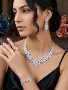 1set Elegant And Luxurious Bridal Jewelry Set With Cubic Zirconia Inlay - Silver - View 4