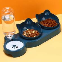 Cuencos para mascotas con alimentador de agua, diseño de oreja inclinado, juego de cuencos para agua y comida para gatos con botella de agua por gravedad para protección del cuello, 3 en 1 - Rosa - Ver 1