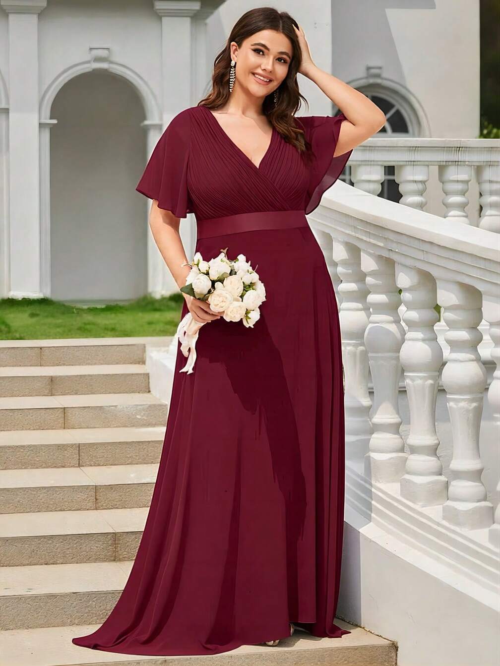 plus size wine bridesmaid dresses EVERPRETTY Plus Size Elegant Romantic Alluring Off-Shoulder Burgundy  Bridesmaid Dress, Suitable For Autumn Wedding Guest