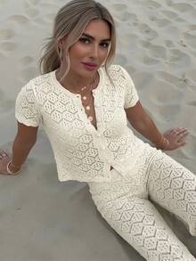 Bộ đồ nữ mùa hè gợi cảm gồm áo cardigan và quần ngắn tay dệt kim lưới khoét lỗ - Bộ đồ 2 món đi nghỉ mát cho nữ, bộ đồ dệt kim ôm sát gợi cảm chống nắng dành cho câu lạc bộ. - Màu be - Xem 3