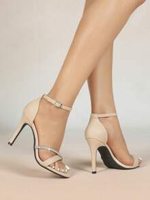 Women's Fashion High Heel Rhinestone Ballroom Party Black Thick Heel Zipper Roman Sandals,Summer Shoes - Apricot - View 4