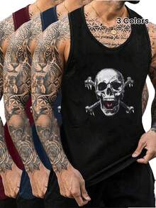 Men'S Tank Top Featuring A Pixelated Skull And Crossbones Design, Designed For Plus-Size Individuals, Offering Breathability And For Sports And Fitness Activities, Suitable For Big And Tall Men, Plus Size - 黑色 - 查看 3