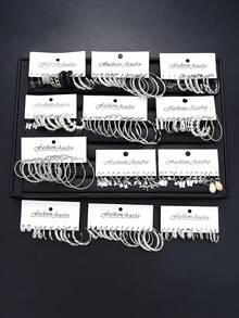 随机72/48/24/12件装时尚简约金属花朵爱心几何不规则仿珍珠耳钉/耳环套装，适合女性、情侣、度假、约会、日常、休闲、派对、婚礼、送给女友、母亲等场合。 - 銀色 - 查看 7