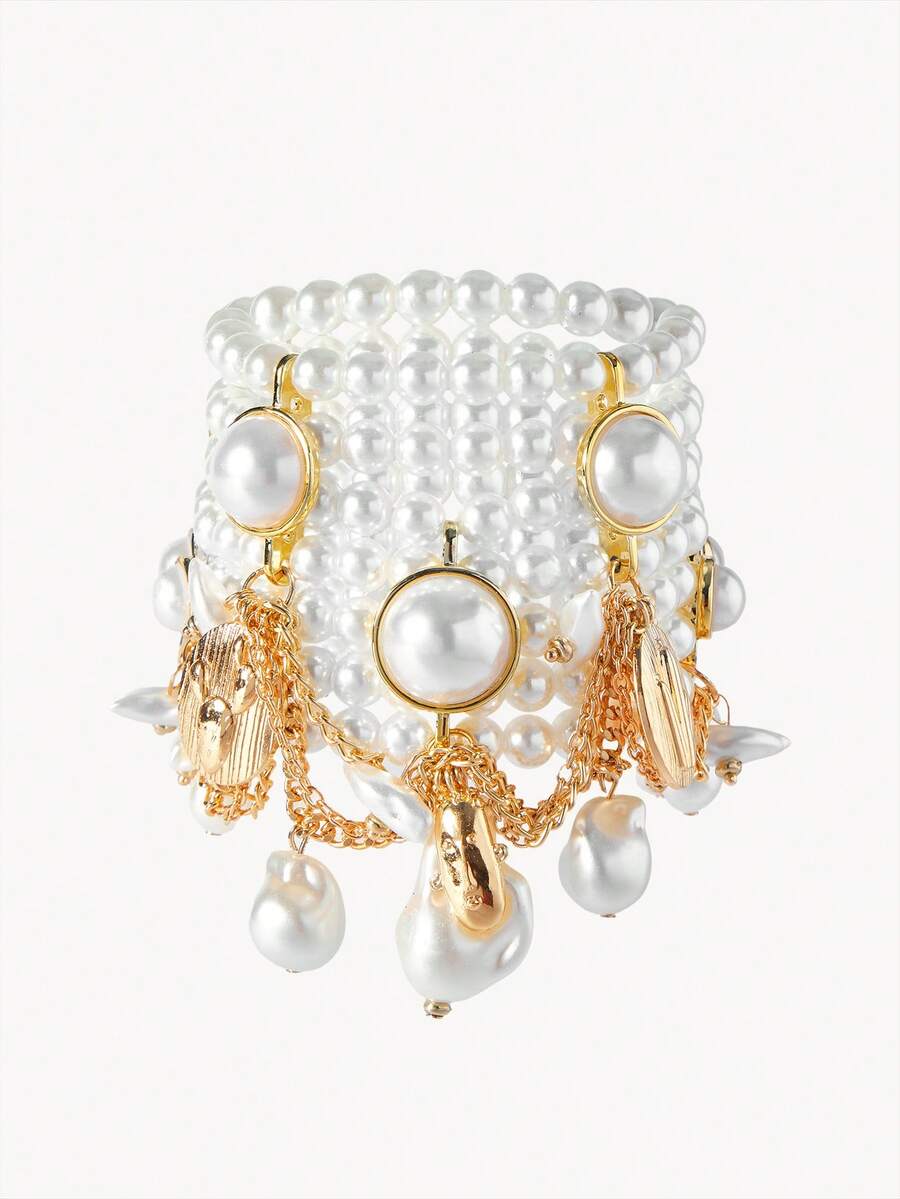 Opalesca 1pc Bohemian Style Multi-Layer Pearl Charm Bracelet, Suitable For Women's Evening Party, Date And Daily Wear - A Multi-layered Statement Pearl Bracelet - View 1
