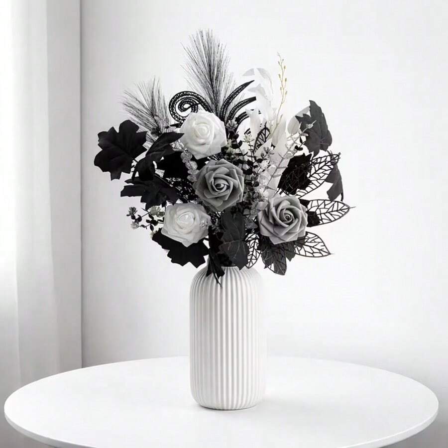 1 Set Includes Roses, Willow Leaves, Eucalyptus Leaves, Artificial Reeds, Maple Leaves, And Other Floral Bouquets | High-End Home Decor Flowers | Permanent Floral, Exquisitely Handmade | Suitable For Weddings, Parties, Festivals, Office Decoration | Unique Modern Style - Multicolor - View 1