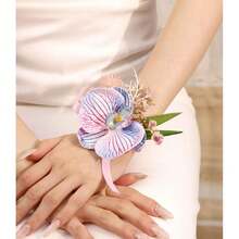 Flower Wrist Corsage Wedding Bridal Prom Artificial Moth Orchid Ribbon Wristlet Bridesmaid Hand Dr Wristband For Hoing Ceremony Party (Orchid -  Brown),44372779 - 藍色 - 查看 2