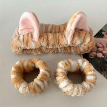1/3件套豹纹猫耳毛绒发箍套装 - 柔软弹力发箍，粉色和棕色斑点条纹可爱时尚 - 非常适合洗脸、化妆和打造时尚发型，居家、夏季、度假、旅行必备 - 彩色 - 查看 2