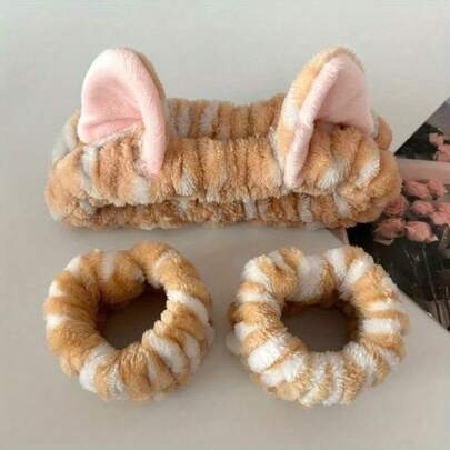 1/3件套豹纹猫耳毛绒发箍套装 - 柔软弹力发箍，粉色和棕色斑点条纹可爱时尚 - 非常适合洗脸、化妆和打造时尚发型，居家必备