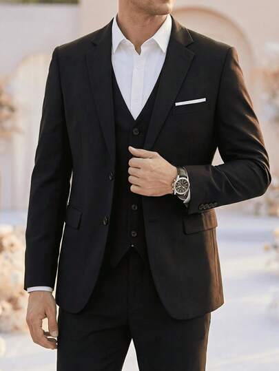 Men's Black Single-Breasted Suit Jacket, Elegant Solid Color Slim Fit Formal Blazer, Suitable For Business, Wedding, Party, Vacation, Size XS-3XL, Valentine's Day Gift For Men