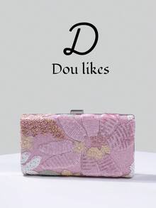 1pc Sequin Embroidered Evening Clutch Bag, Floral Sequin & Embroidery Design, Elegant Engagement Handbag For Cheongsam Dress, With Metal Chain, Suitable For Party, Wedding, Prom, Banquet - Hồng - Xem 2