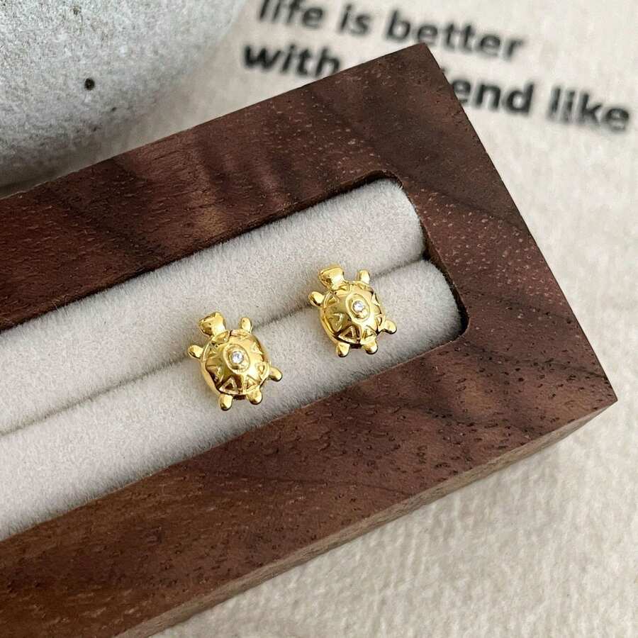 1 Đôi bông tai hình rùa bằng bạc nguyên chất dành cho nữ, thích hợp chụp ảnh ở bãi biển/đại dương, bông tai dễ thương và đa năng. - Bạc - Xem 1