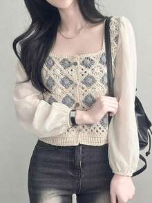 New Arrival Summer Casual Colorblock Crochet Patchwork Long Sleeve Cropped Shirt - Apricot - View 3