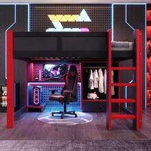 140 X 200 Cm Loft Bed With LED Lighting, Gaming Bed With Desk, Ladder, Wardrobe, Large Drawers, Mattress Not Included, Black And Red. - Black - View 2