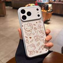 SANRIO 1个新款小爱心星星字母线条Hello Kitty荔枝纹理电镀大窗口软壳，兼容 17 Pro/16 Pro Max/15 Pro Max/14 Pro Max/13 Pro Max/12 Pro Max，时尚卡通少女手机壳，送给女朋友、闺蜜的绝佳礼物 - 彩色 - 查看 1