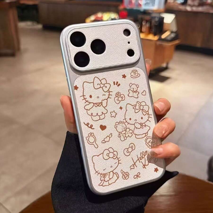 SANRIO 1个新款小爱心星星字母线条Hello Kitty荔枝纹理电镀大窗口软壳，兼容 17 Pro/16 Pro Max/15 Pro Max/14 Pro Max/13 Pro Max/12 Pro Max，时尚卡通少女手机壳，送给女朋友、闺蜜的绝佳礼物 - 彩色 - 查看 1