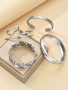 5pcs Vintage Exaggerated Luxurious Geometric Design Wide Metal Silver Bangle Set, Suitable For Daily Wear And Gift - Silver - View 6